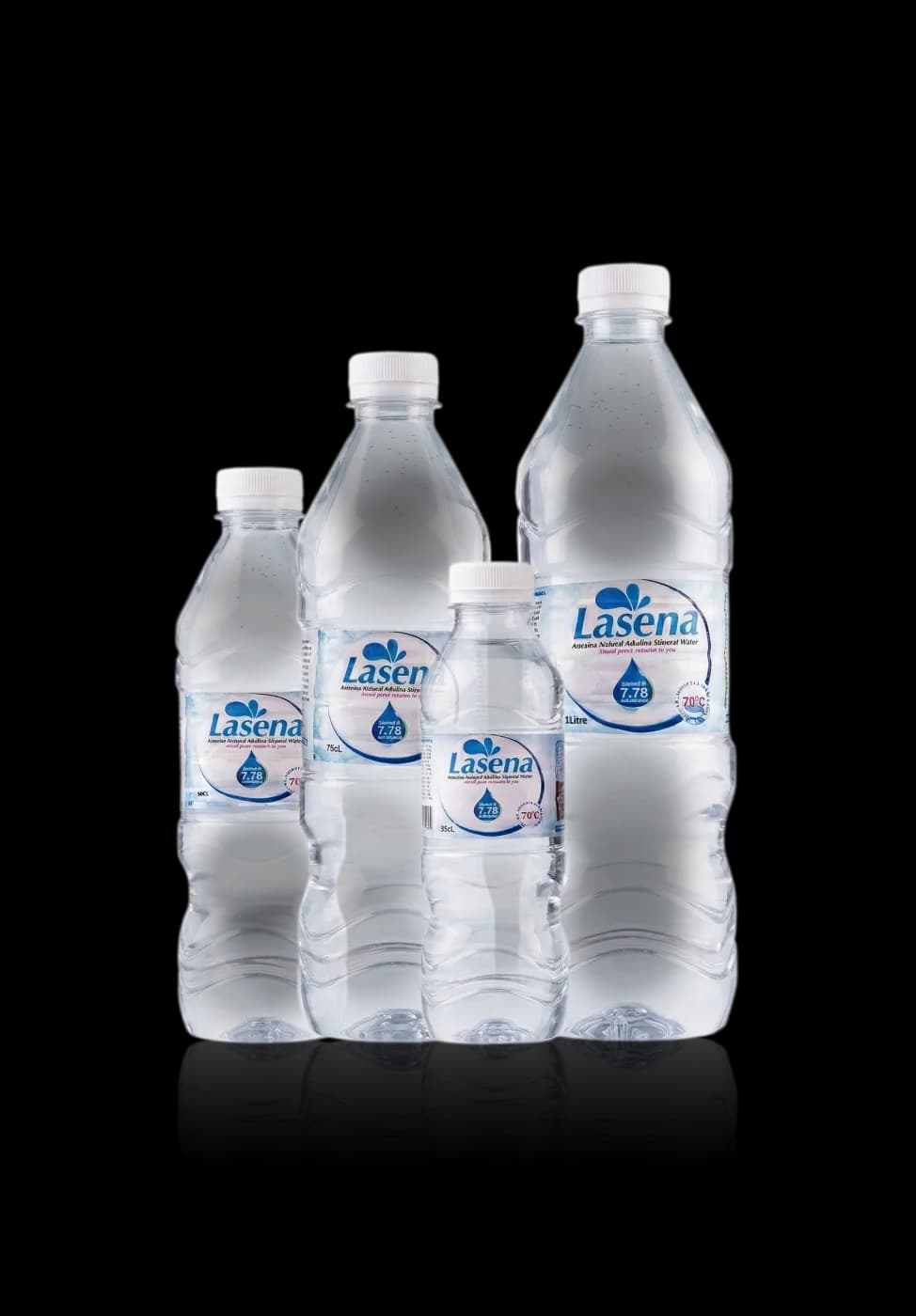 The Lasena bottle range — 35cl, 50cl, 75cl and 1 litre