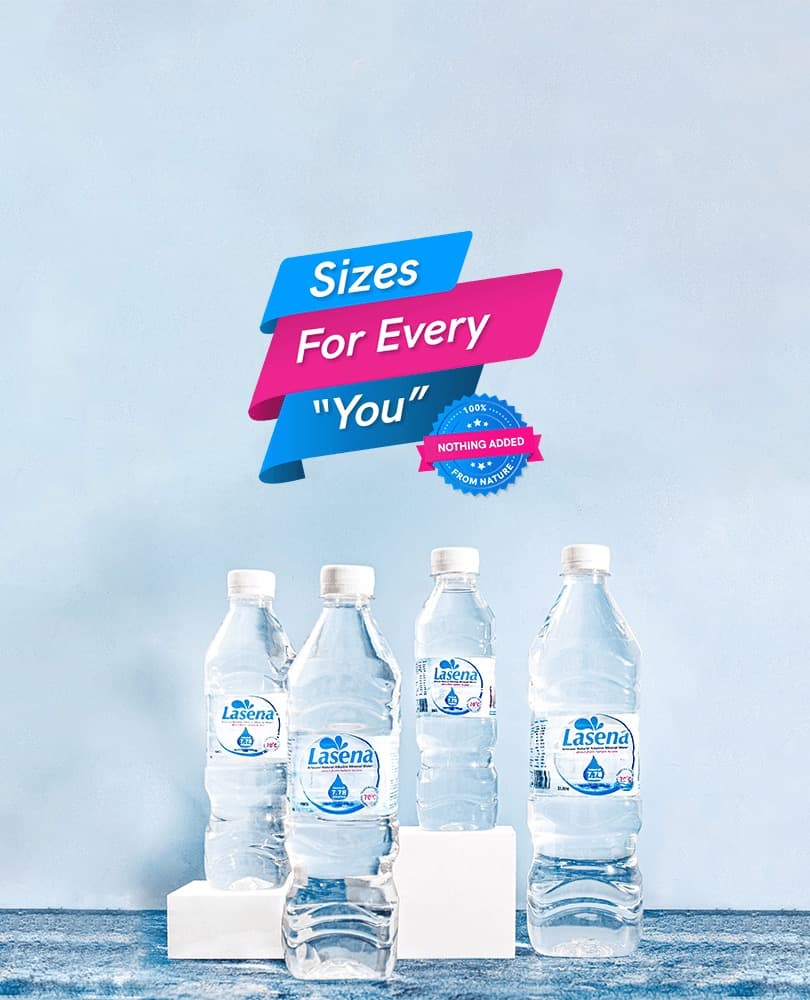 Lasena campaign poster: Sizes For Every You, showing the 35cl, 50cl, 75cl and 1 litre bottles