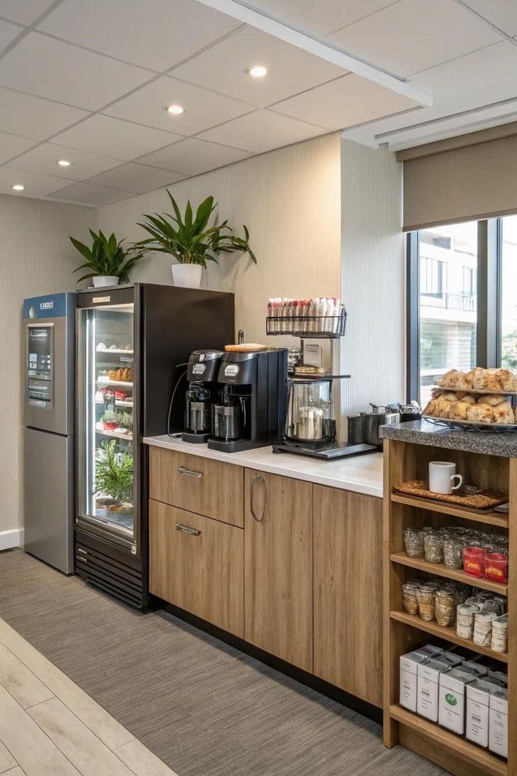 A modern office pantry with a chilled drinks fridge and coffee station