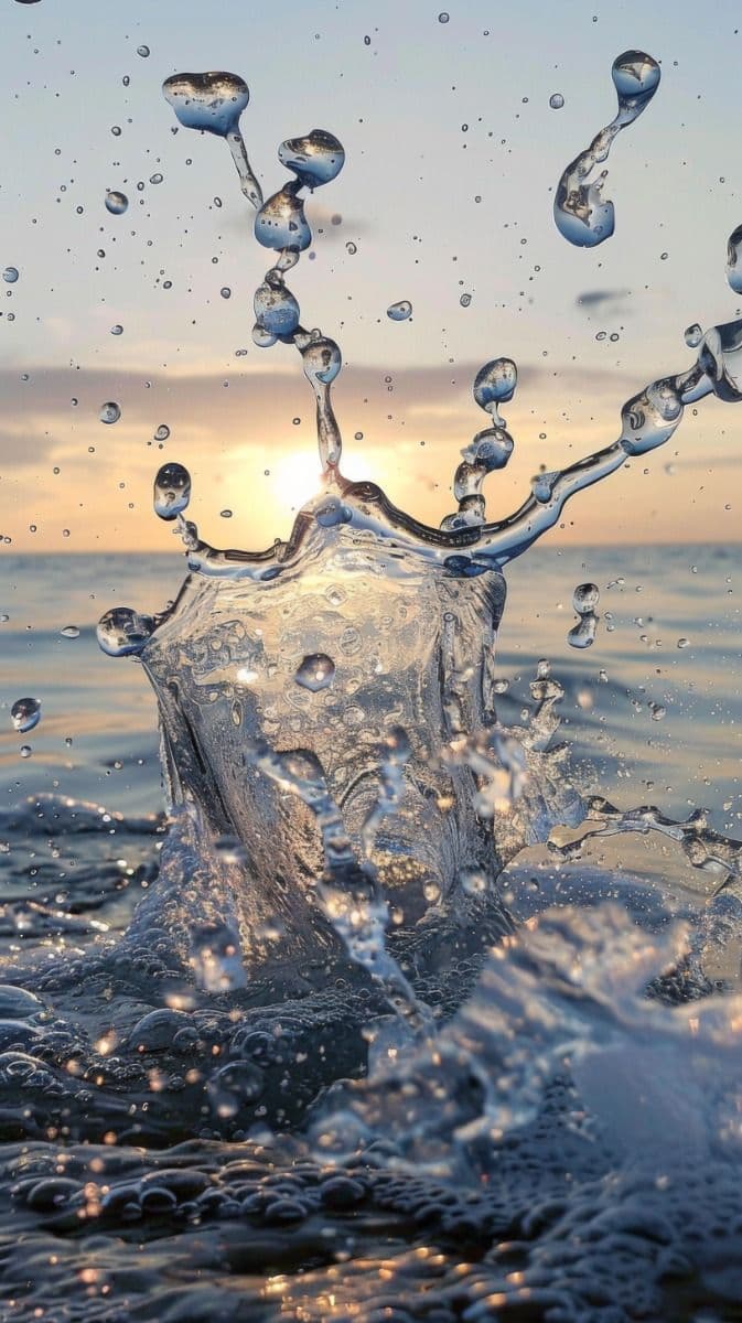 Water splashing upward, backlit by a low golden sun