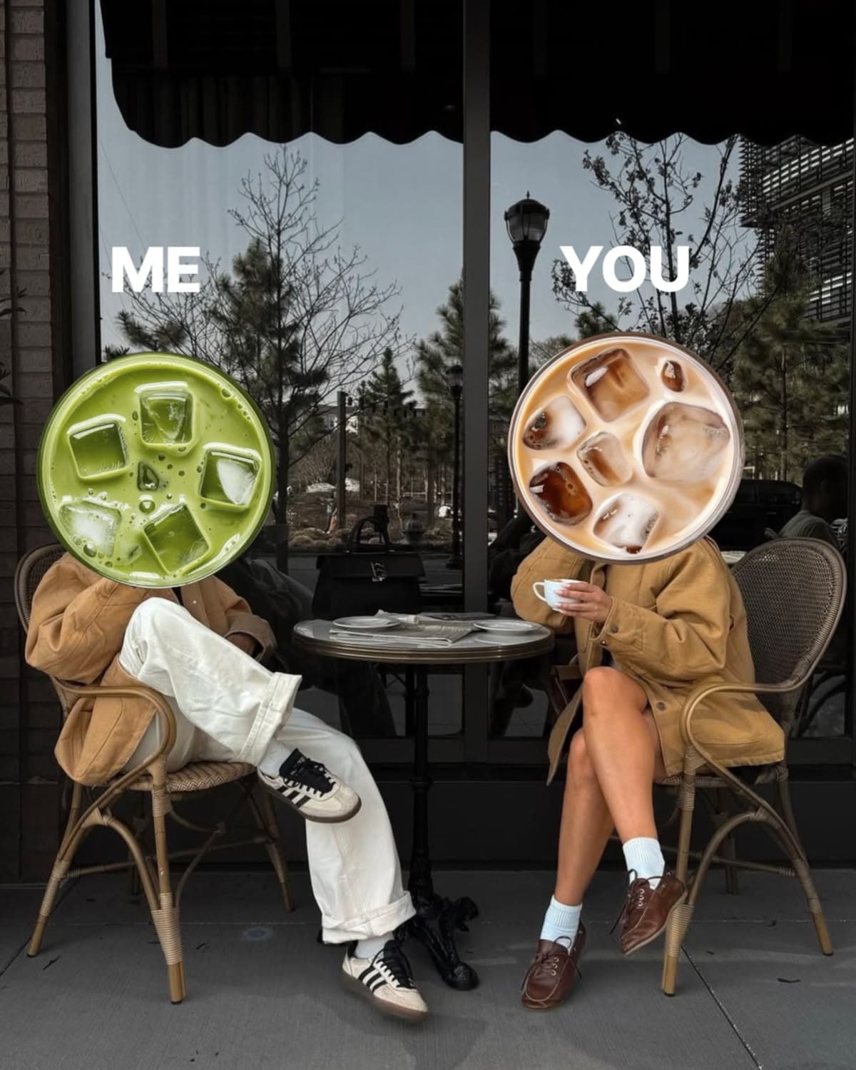 Two people seated outside a café with iced matcha and iced coffee