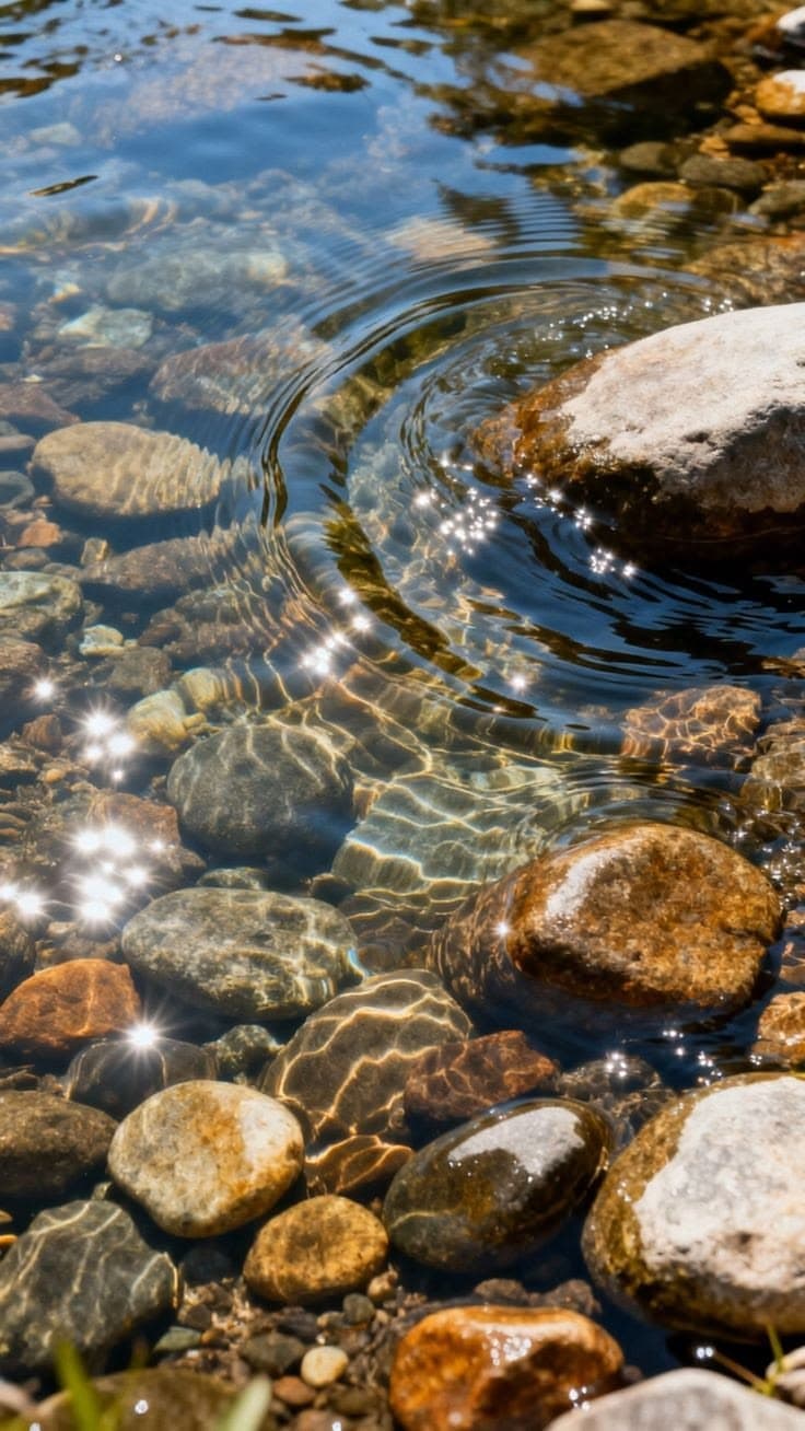 Sunlight rippling through clear spring water over smooth pebbles